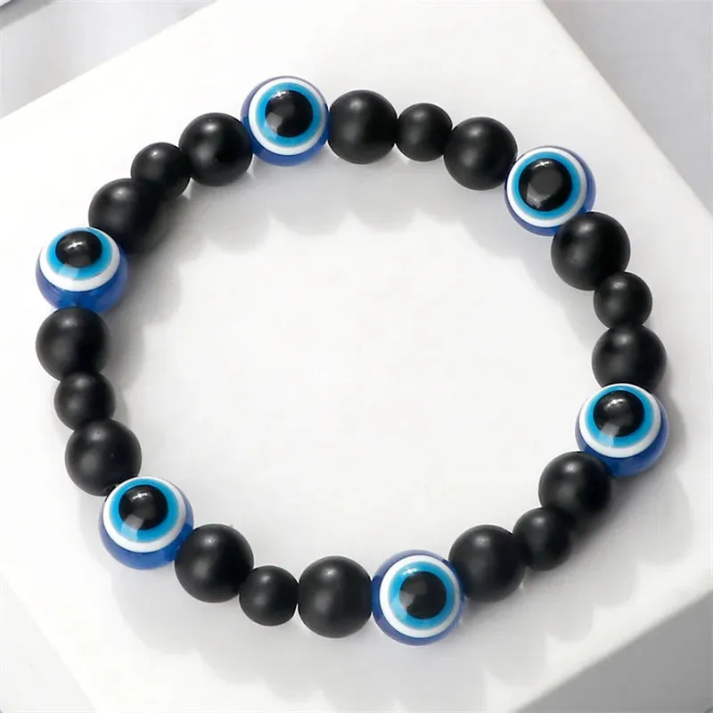 Charm Black Matte Lava Beads Bracelet Turkish Lucky Evil Eye Bangles for Women Men Natural Stone Obsidian Onyx Bracelets Jewelry