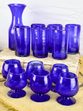 Collection of cobalt blue glassware from Biot, France