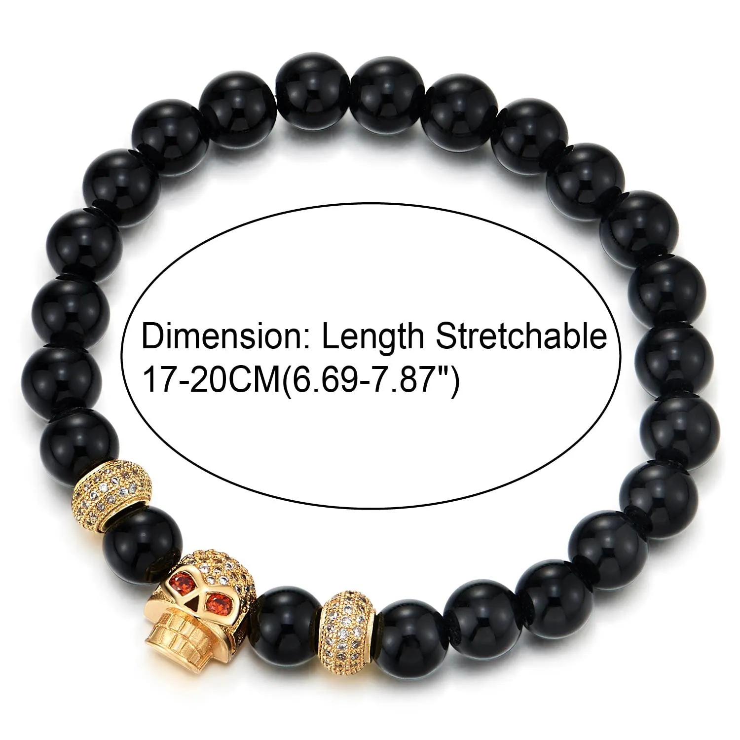 COOLSTEELANDBEYOND Mens Women Black Onyx Beads Bracelet, Cubic Zirconia Pave Gold Color Red Eye Skull and Bead Charm