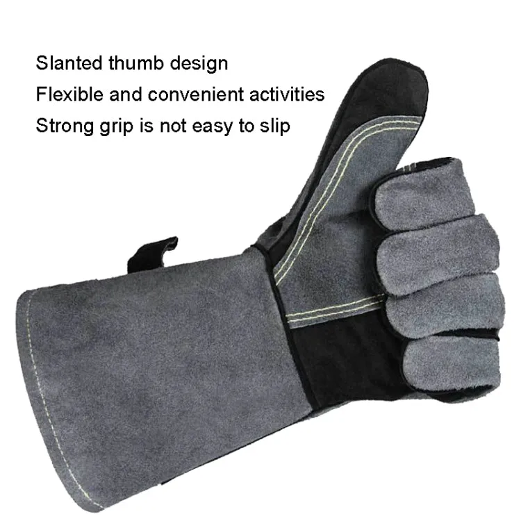 Cowhide BBQ Gloves Thickened Anti-hot Oven Welding Protection Gloves, Specification: A2416 14 inch Gray Black