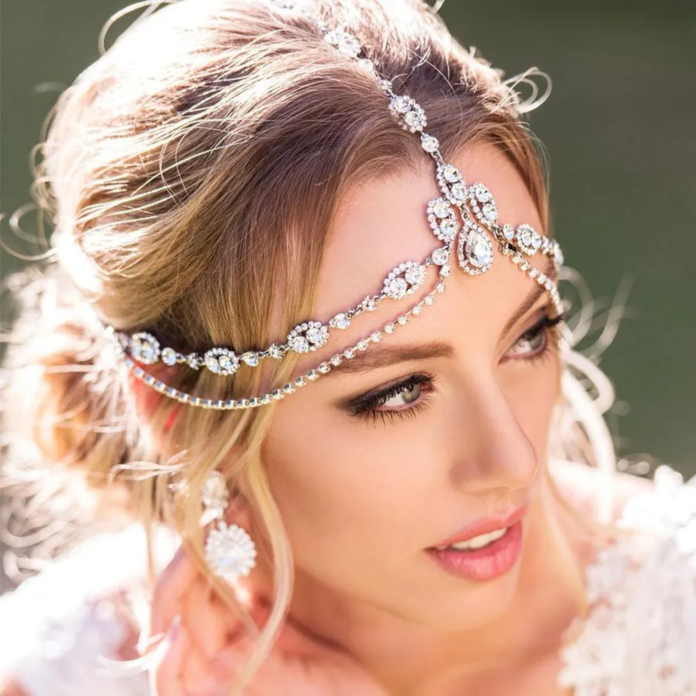 Crystal Encrusted Forehead Bridal Headpiece Hair Chain