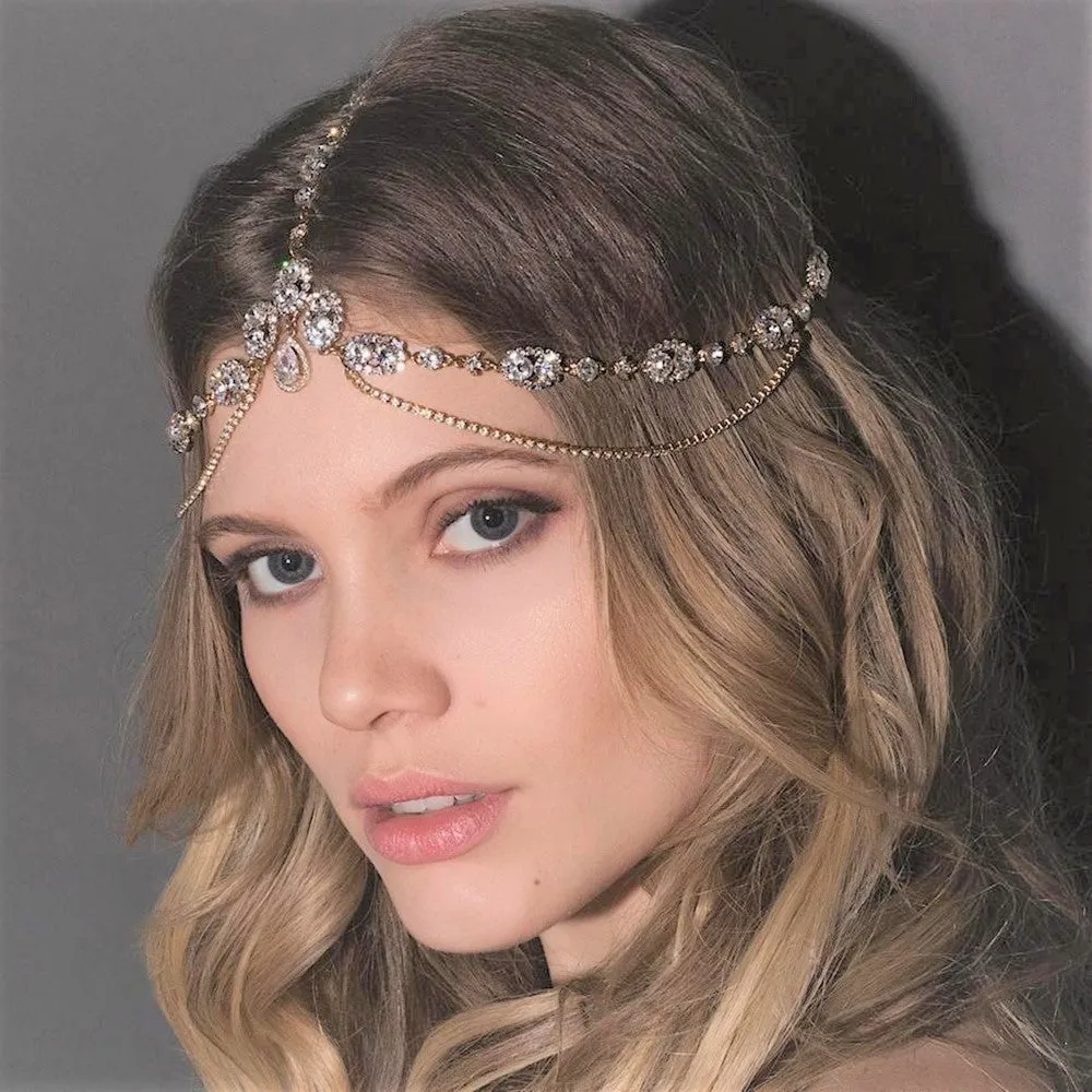 Crystal Encrusted Forehead Bridal Headpiece Hair Chain