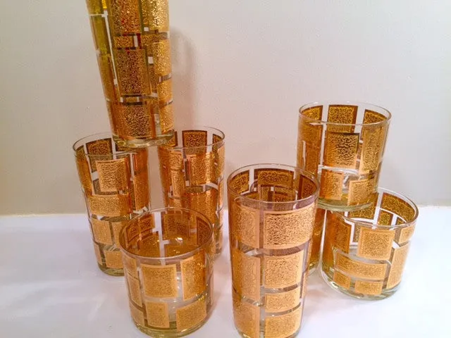 Culver Mid-Century 22-Karat Gold Embossed Rectangular Bar Set (Set of 8 Glasses)