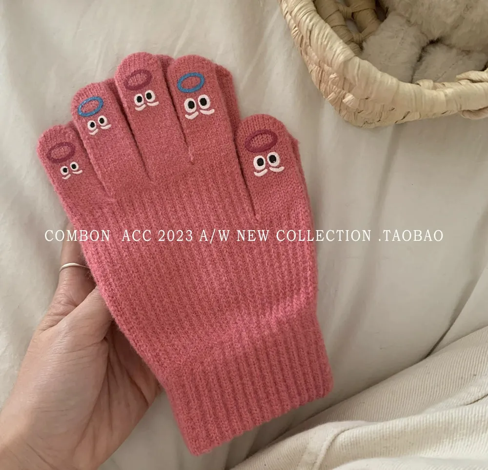 Cute Funny Expression Knitted Gloves  Your Fun Winter Companion