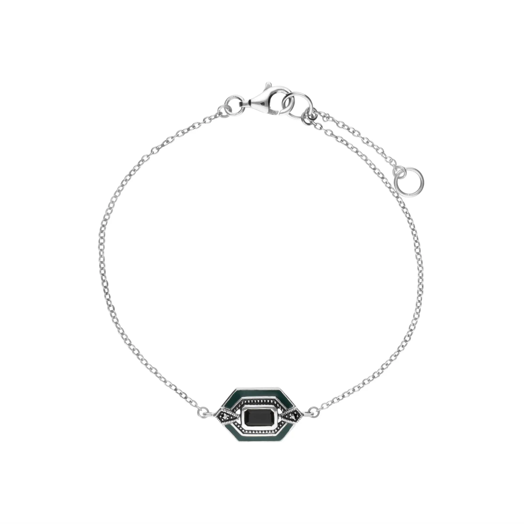 Damen Sterling Silber Schwarz Onyx, Markasit & Grün Emaille Hexagon 19cm Armband