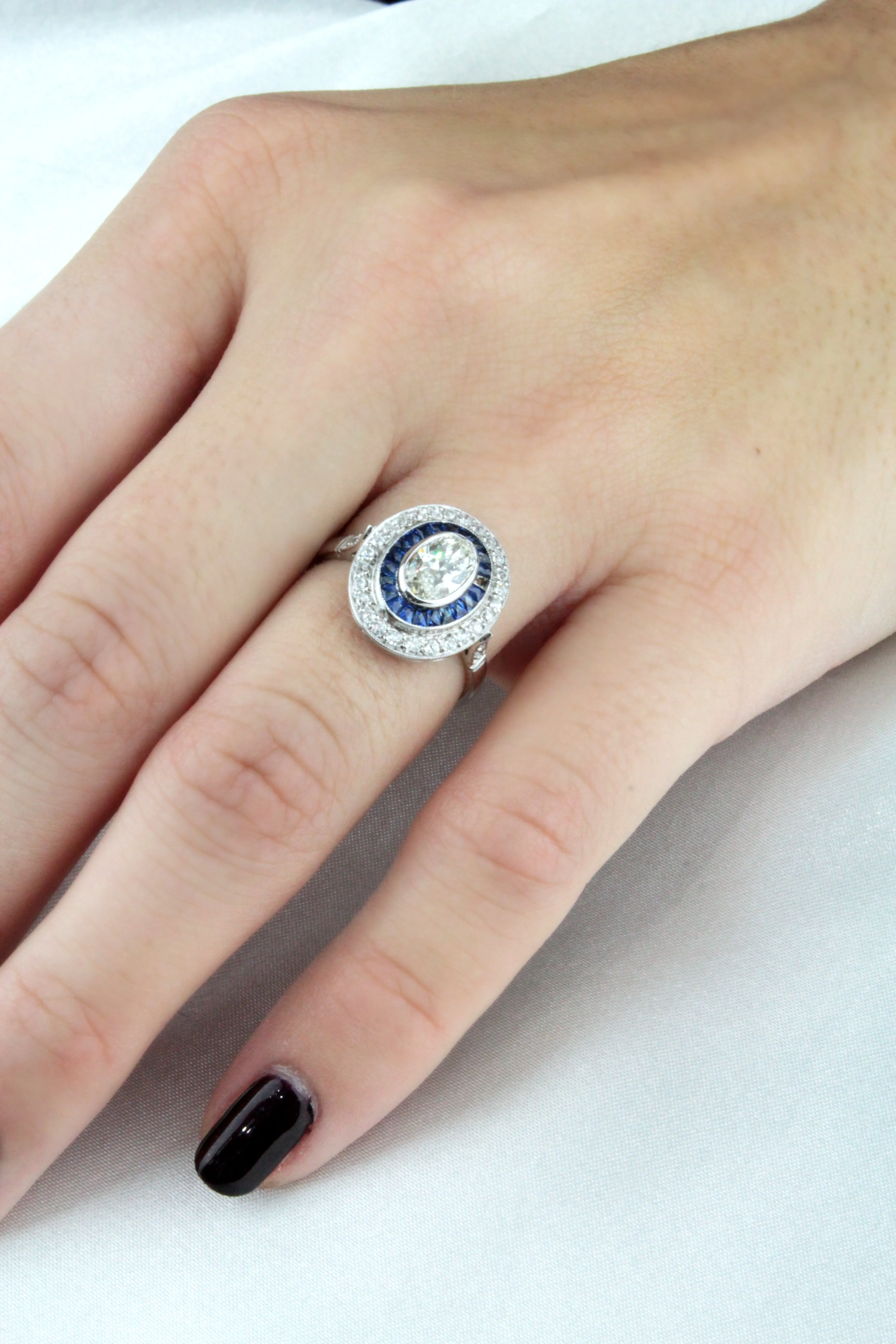 Double Diamond and Sapphire Halo Oval Cut Engagement Ring