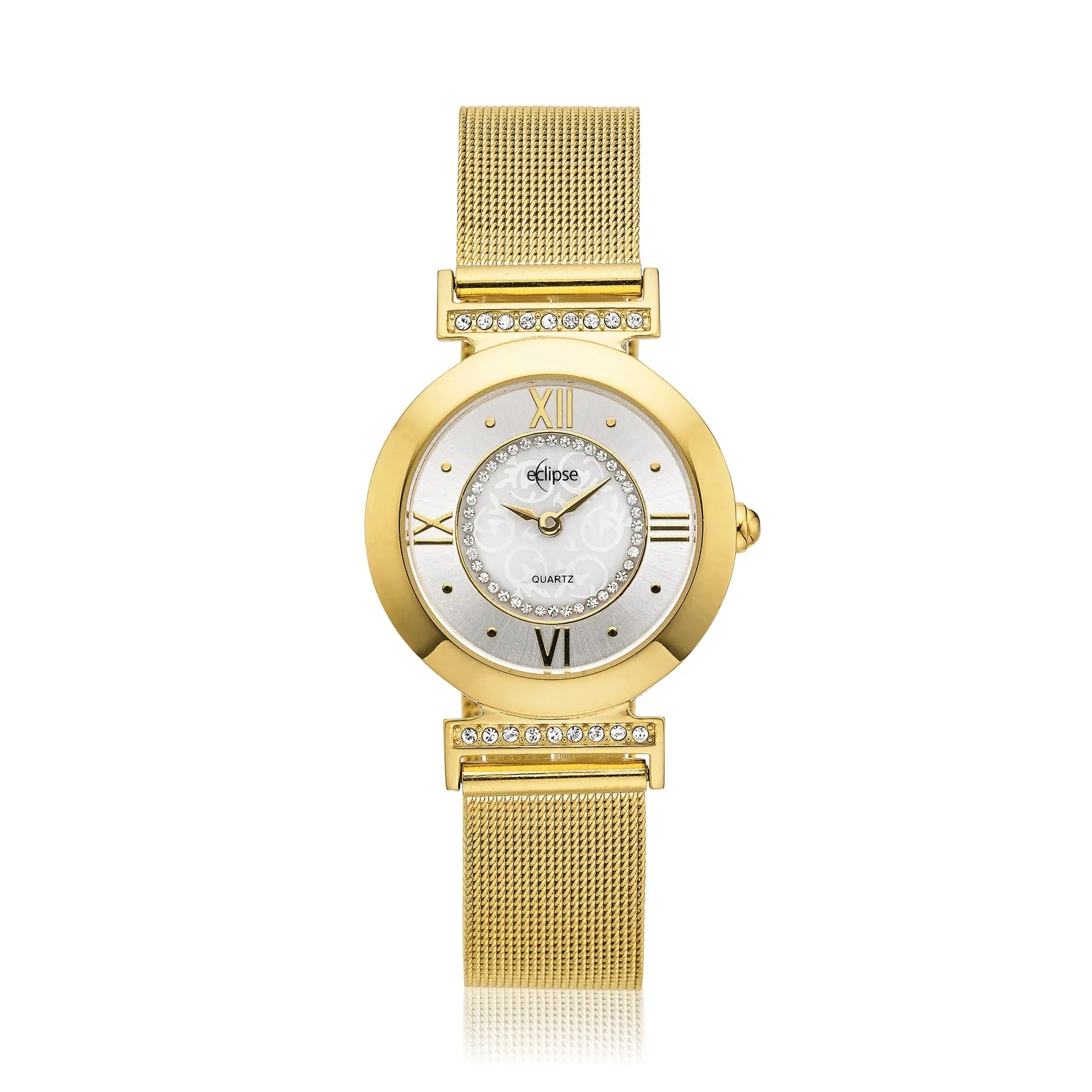 Eclipse Gold Tone Mother of Pearl Crystal Dial Mesh Bracelet  Watch