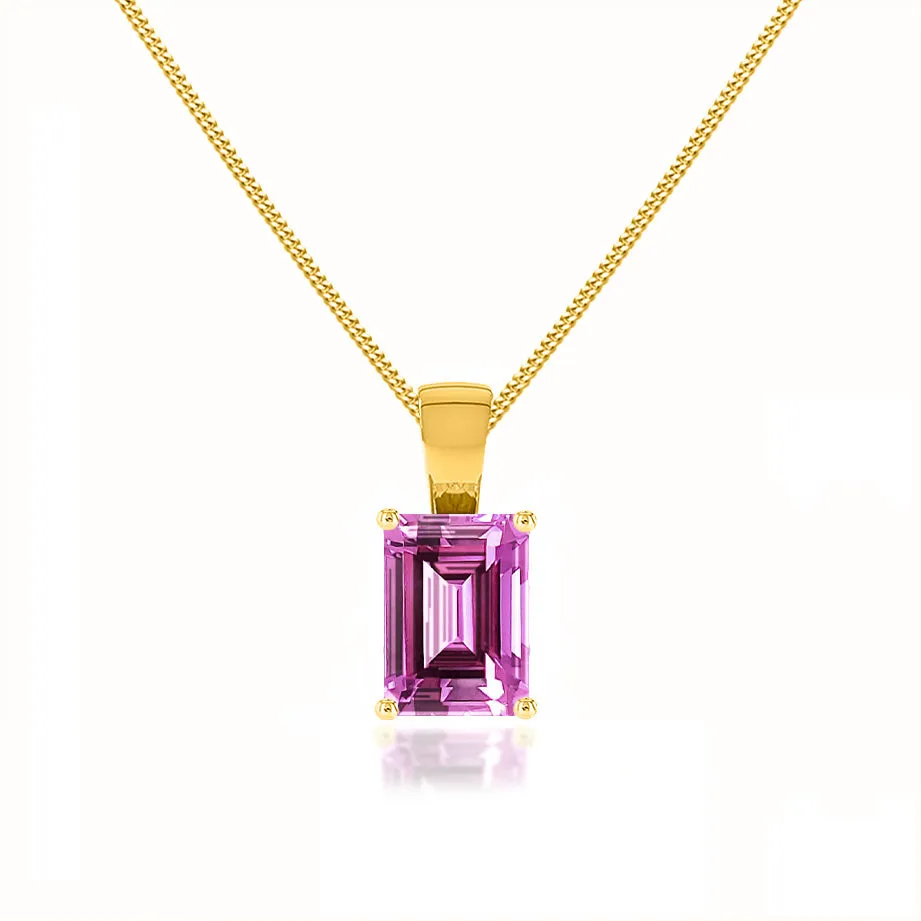 ELIZA - Emerald Cut Pink Sapphire 4 Claw Drop Pendant 18k Yellow Gold