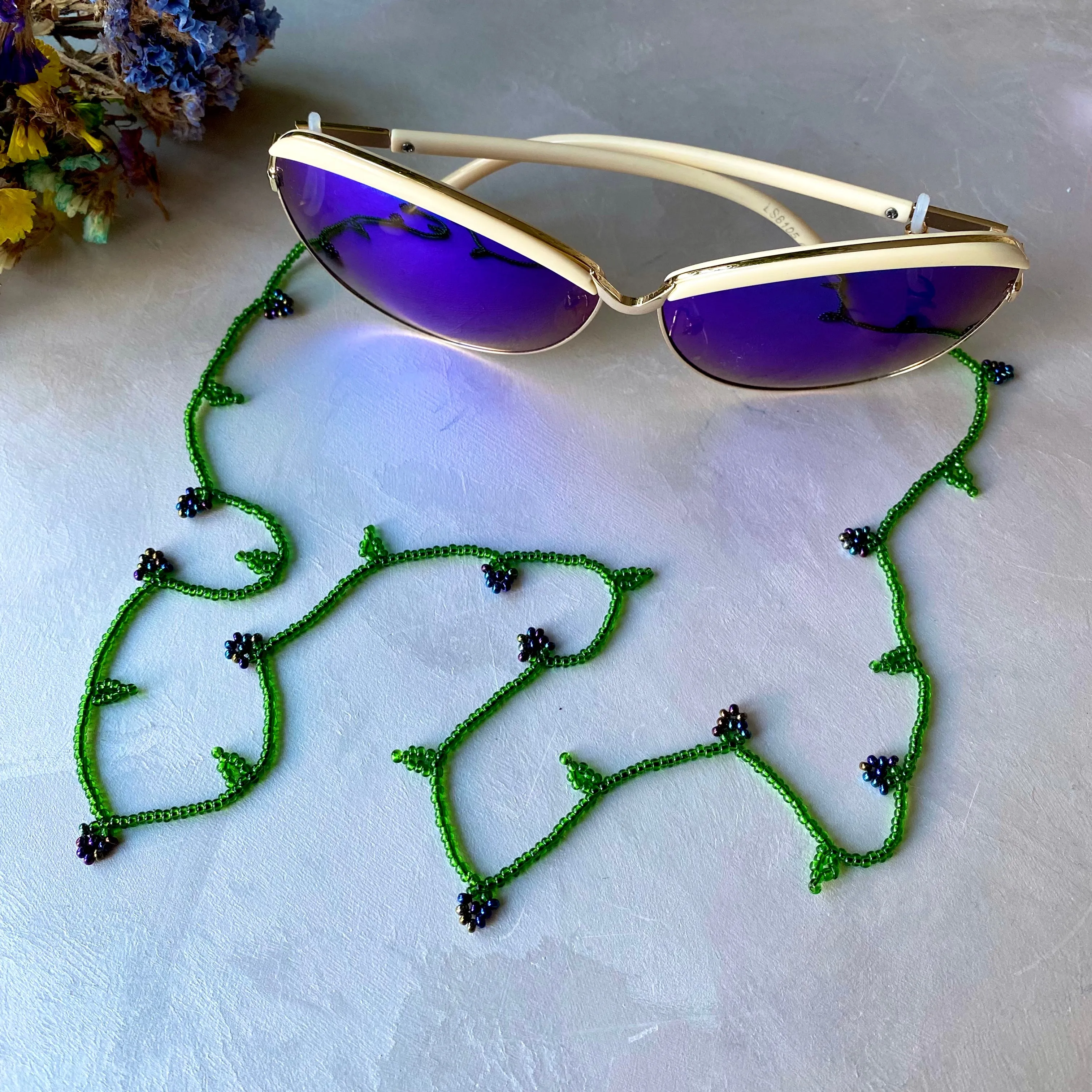 Emerald Navy Blue Seed Bead Berry Glasses Chain, Teacher Lanyard, Eyeglass chain, Sunglasses strap, Floral lanyard, Leaf Blackberry Lanyard