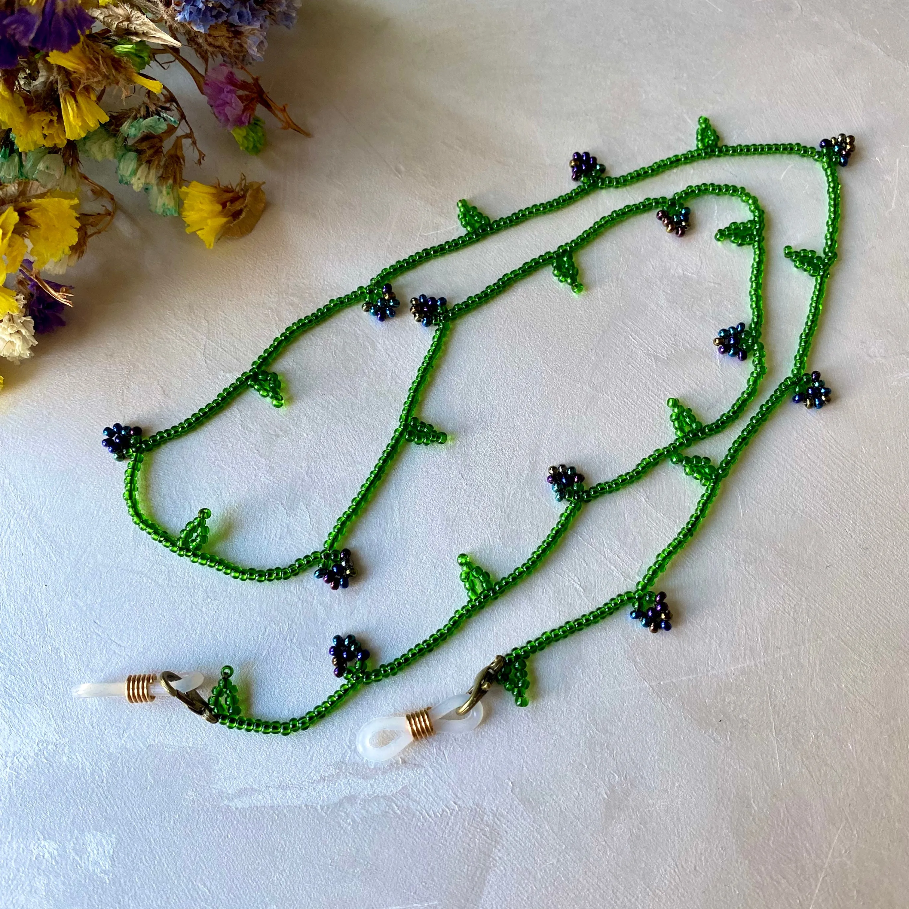 Emerald Navy Blue Seed Bead Berry Glasses Chain, Teacher Lanyard, Eyeglass chain, Sunglasses strap, Floral lanyard, Leaf Blackberry Lanyard