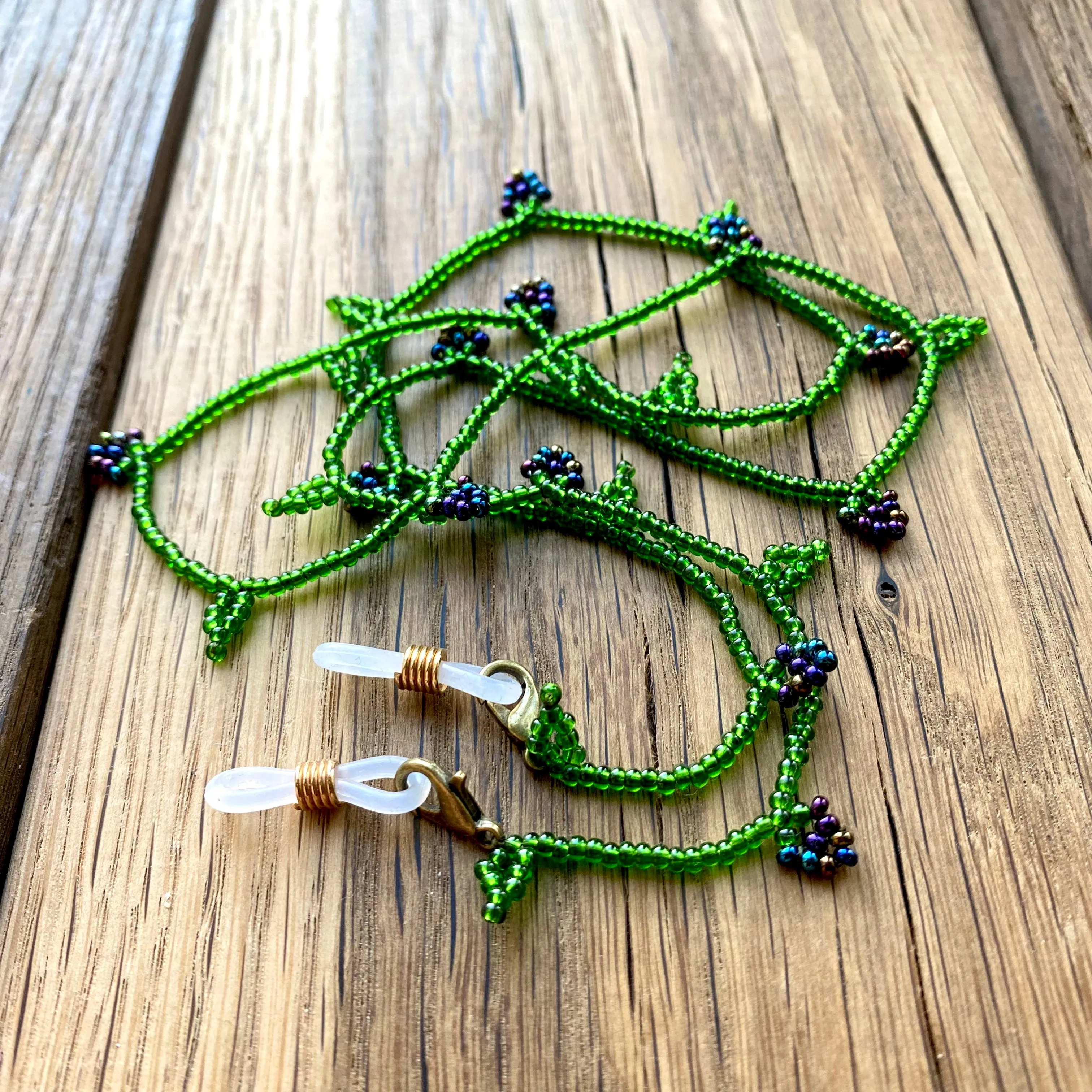 Emerald Navy Blue Seed Bead Berry Glasses Chain, Teacher Lanyard, Eyeglass chain, Sunglasses strap, Floral lanyard, Leaf Blackberry Lanyard