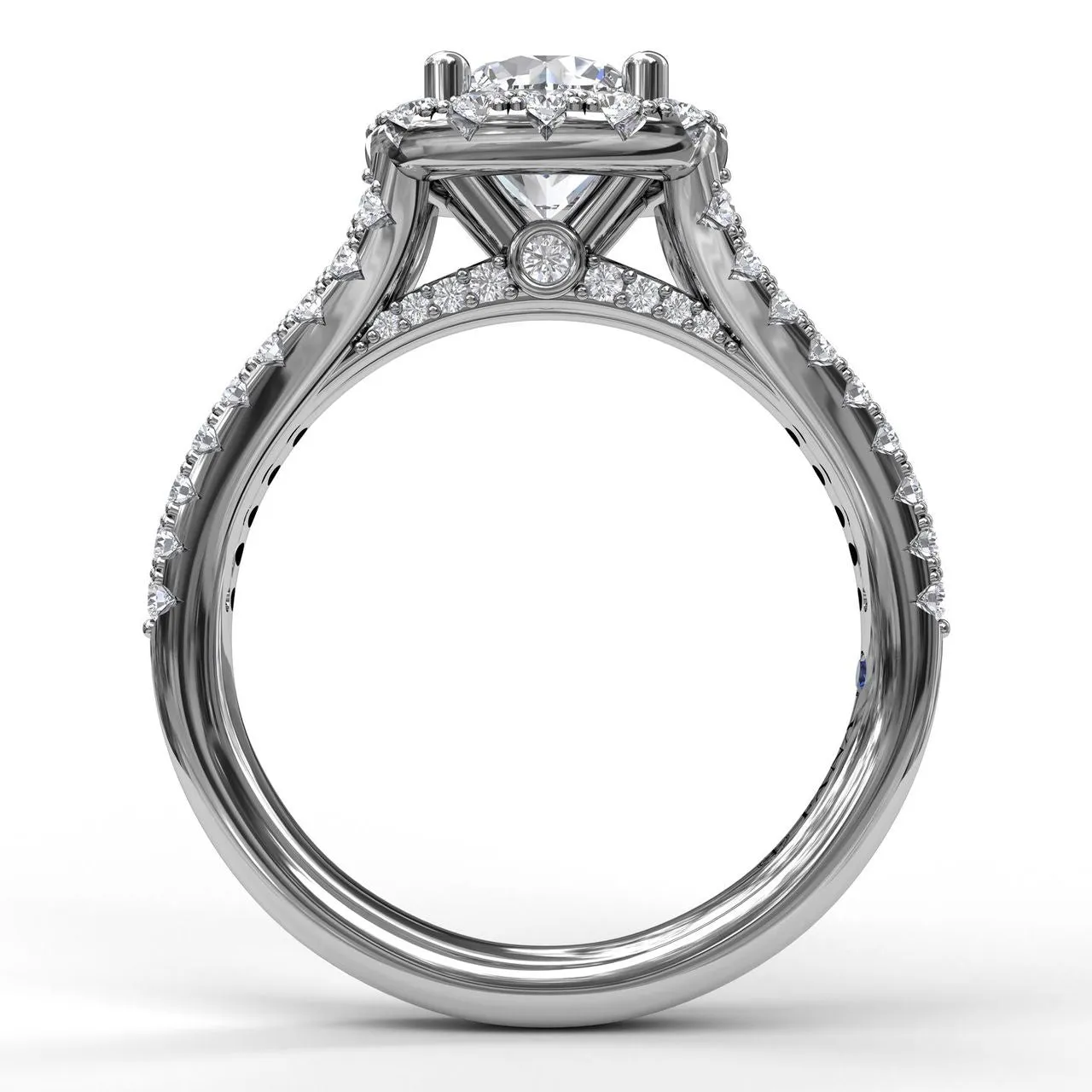 Fana Cushion Halo Engagement Ring with a Diamond Encrusted Split Band 3891