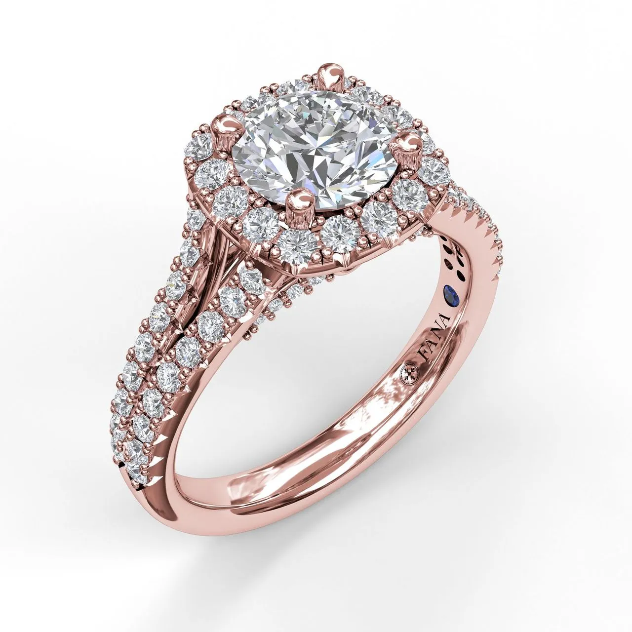 Fana Cushion Halo Engagement Ring with a Diamond Encrusted Split Band 3891