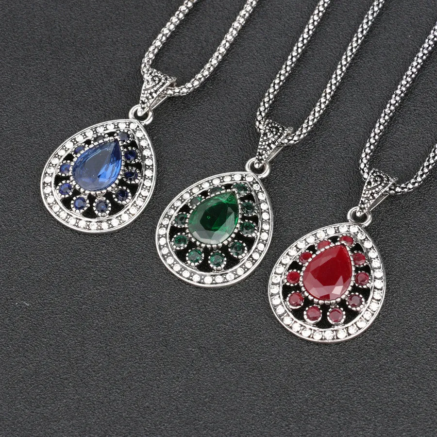 Fashion Vintage Sapphire Necklace For Women Tibetan Silver Alloy Water Drop Pendant Wedding Necklace