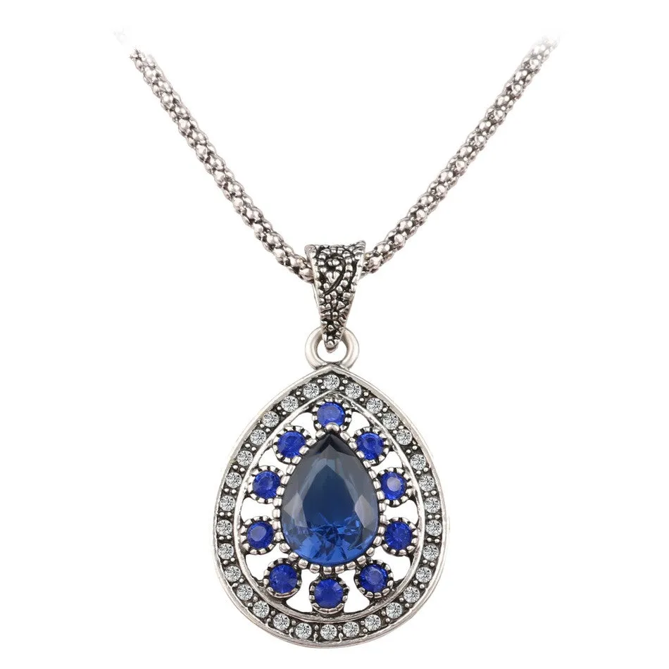 Fashion Vintage Sapphire Necklace For Women Tibetan Silver Alloy Water Drop Pendant Wedding Necklace