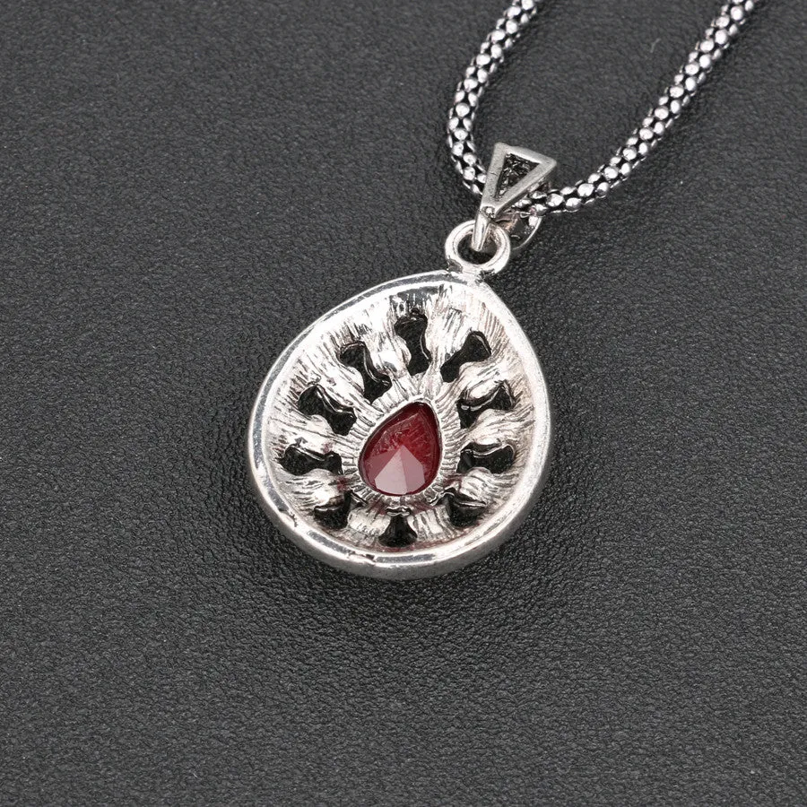 Fashion Vintage Sapphire Necklace For Women Tibetan Silver Alloy Water Drop Pendant Wedding Necklace