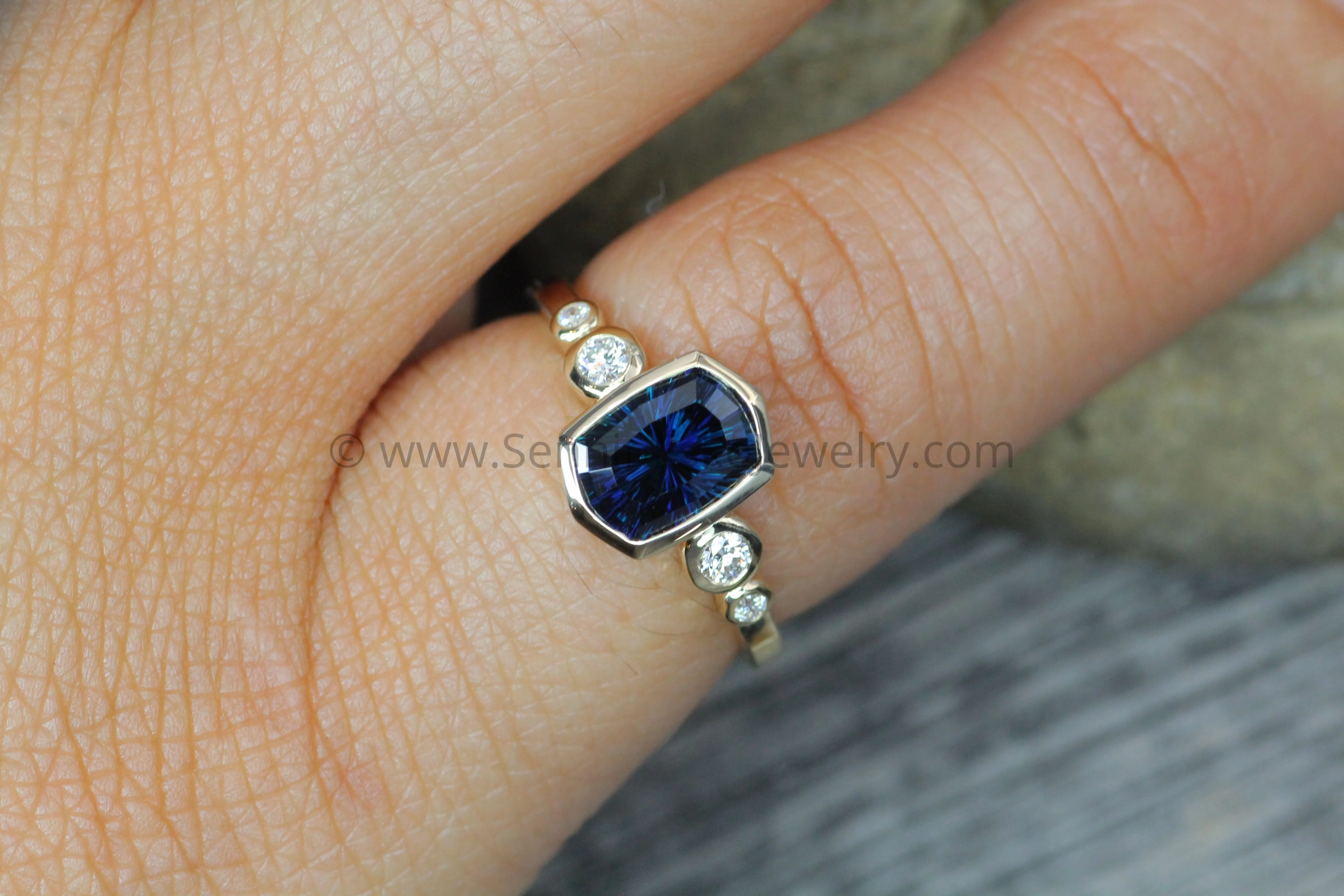 Five Stone Diamond Accented Multi Bezel Setting - Fantasy cut Kenyan Sapphire Depicted (Setting Only, Center Stone Sold Separately)