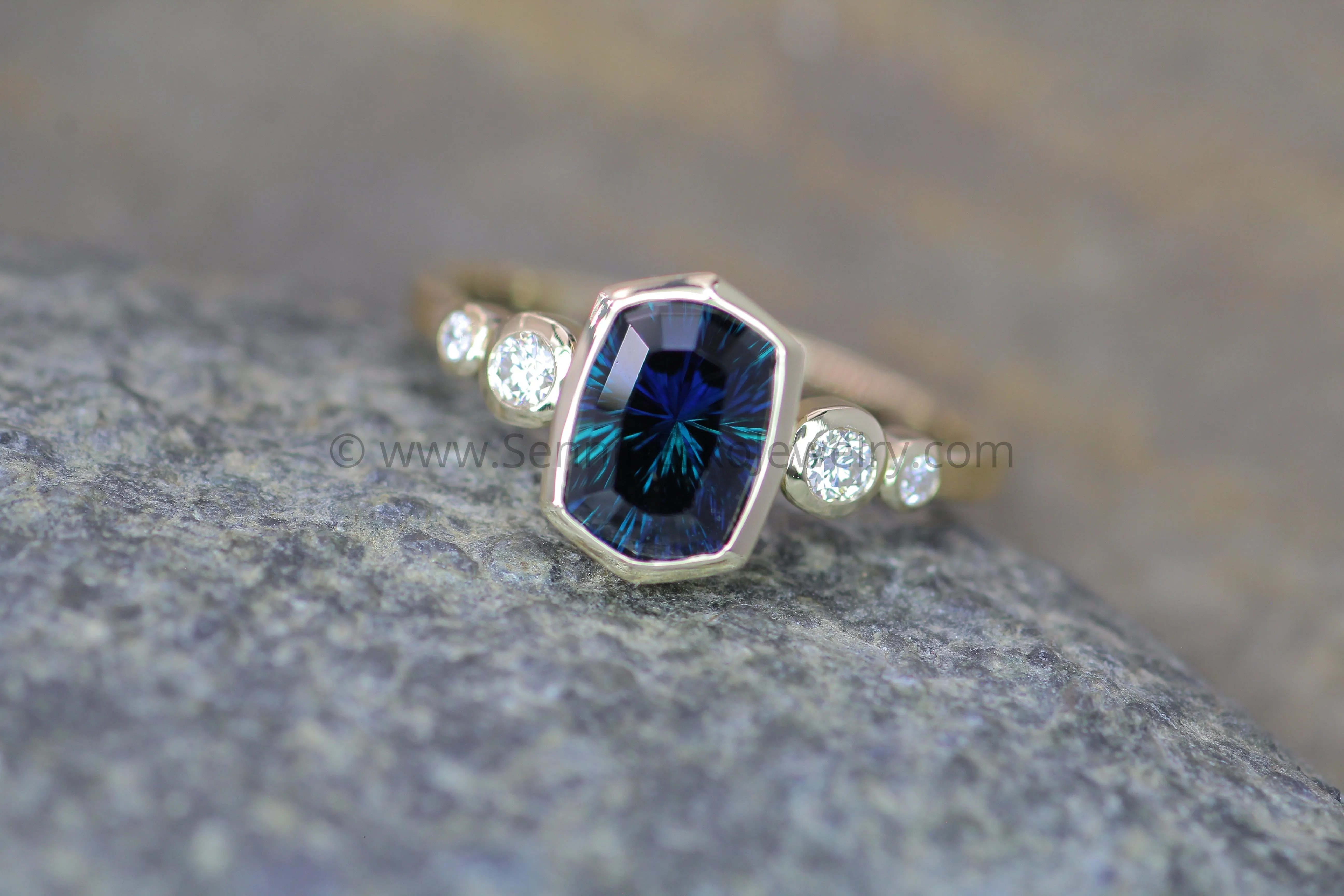 Five Stone Diamond Accented Multi Bezel Setting - Fantasy cut Kenyan Sapphire Depicted (Setting Only, Center Stone Sold Separately)