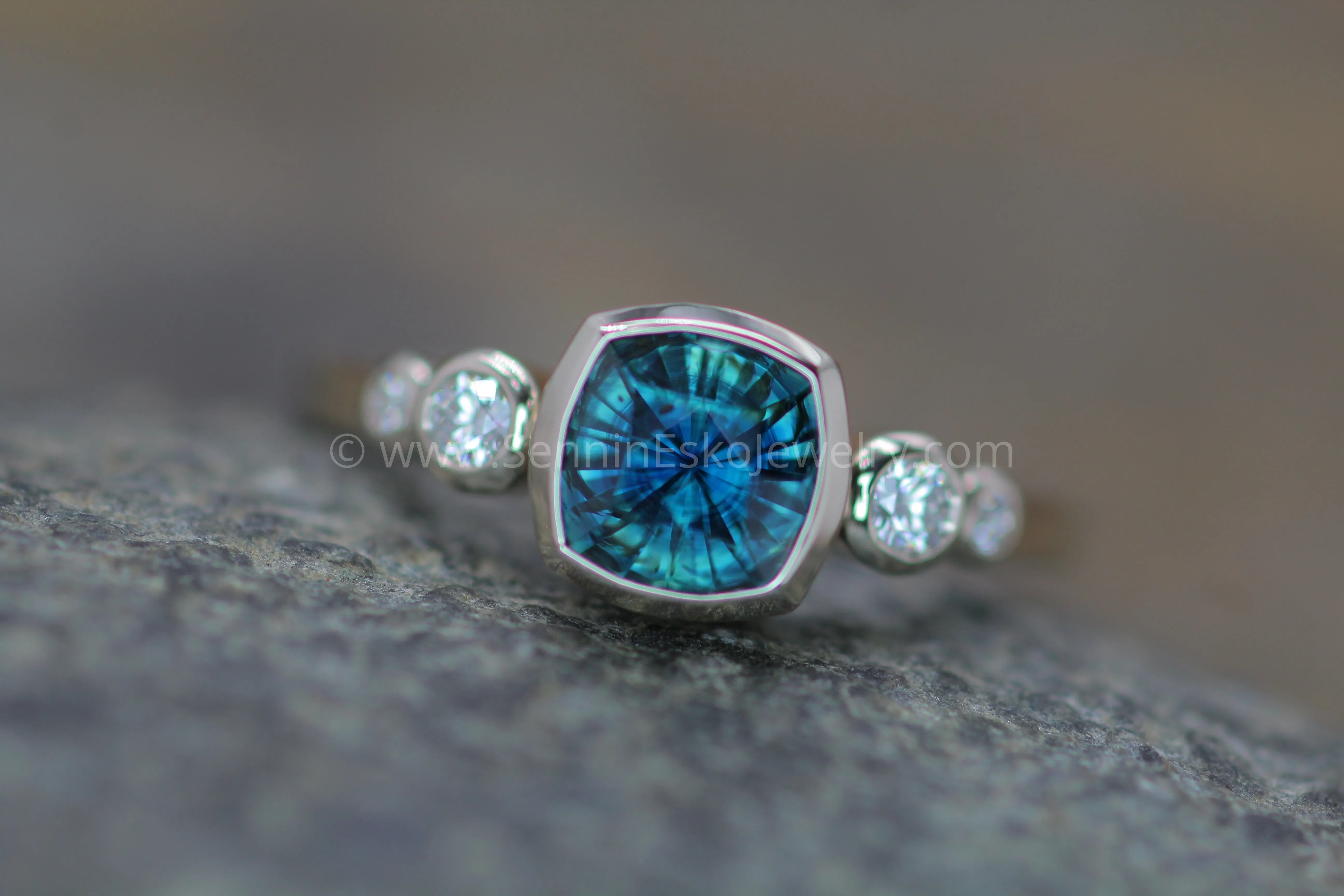 Five Stone Diamond Accented Multi Bezel Setting - Sapphire Depicted (Setting Only, Center Stone Sold Separately)