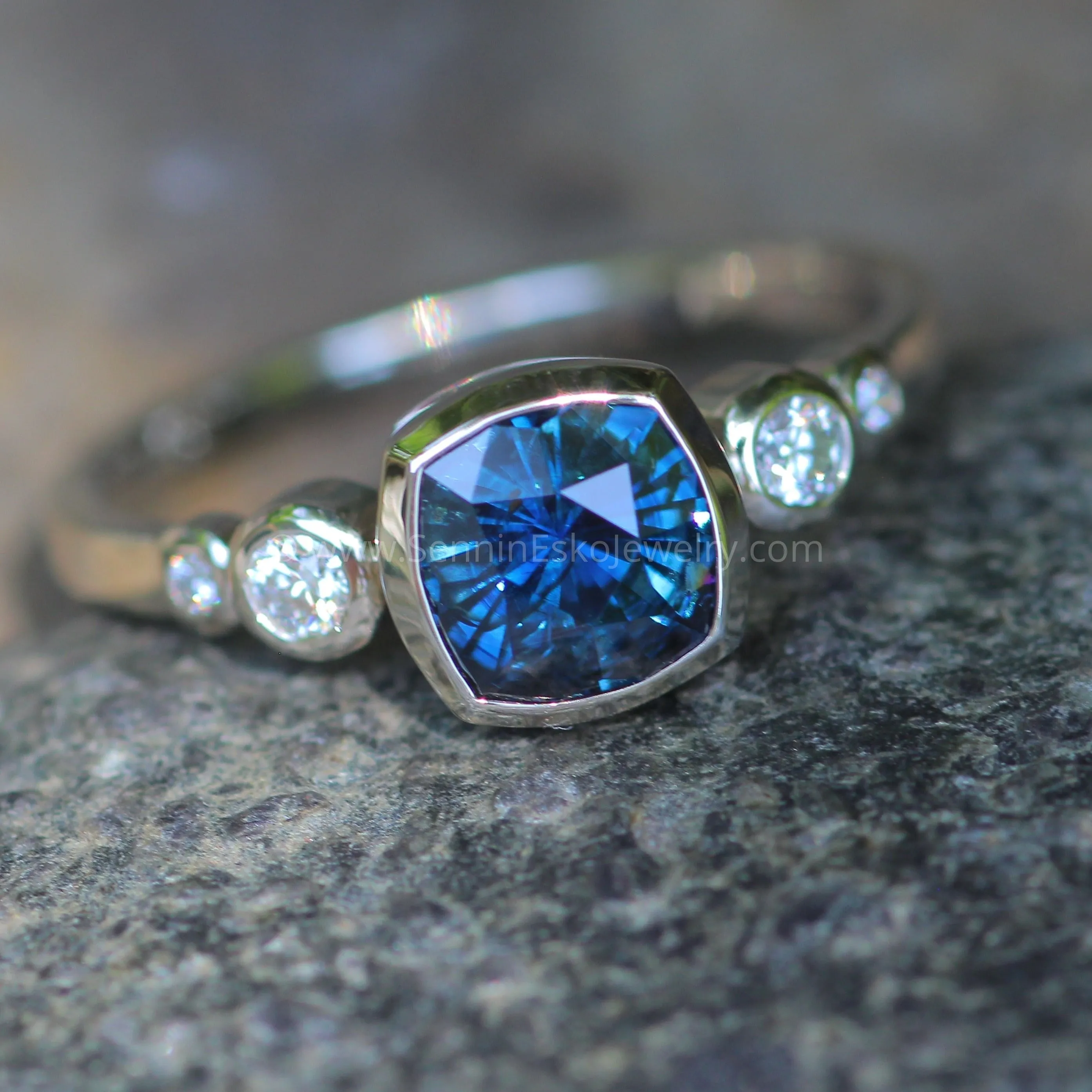 Five Stone Diamond Accented Multi Bezel Setting - Sapphire Depicted (Setting Only, Center Stone Sold Separately)