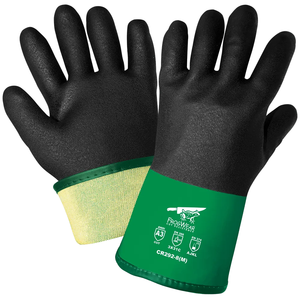 Frogwear CR292 Double Dipped PVC & Nitrile Blended Work Gloves, Chemical Resistant, ANSI A3 Cut Resistant, 12" Length with Sandpaper Finish