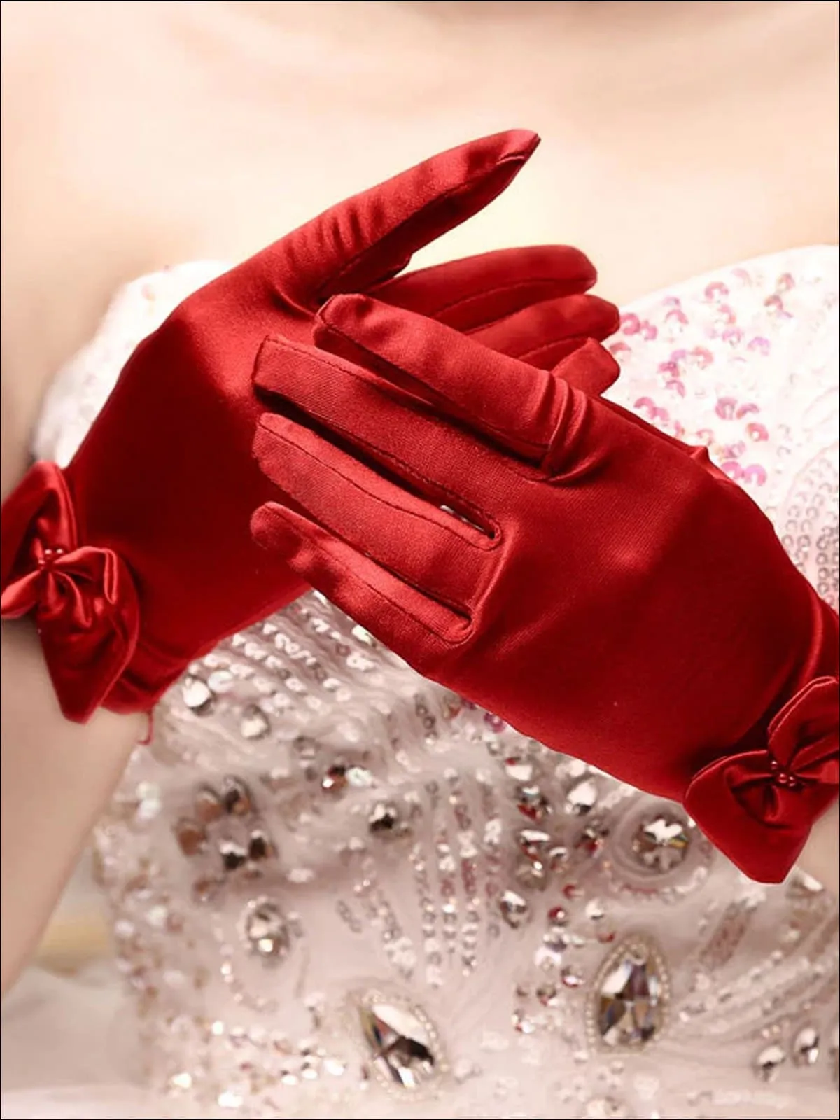 Girls Red Bow Embellished Short Gloves