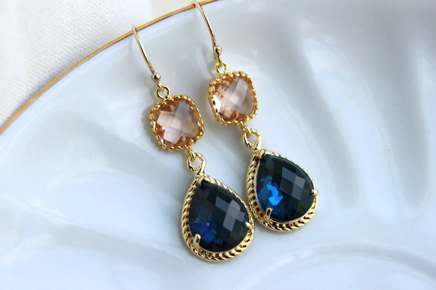 Gold Blush Earrings Sapphire - Champagne Peach Wedding Jewelry - Pink Navy Blue Bridesmaid Earrings Gift Navy Bridal Jewelry - Gift Under 35