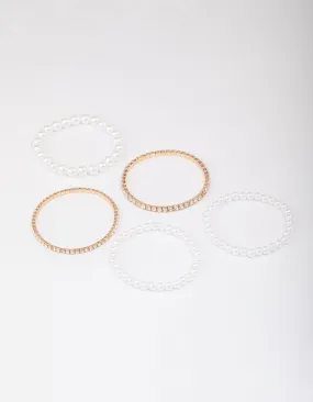 Gold Diamante & Pearl Mixed Bracelet 5-Pack