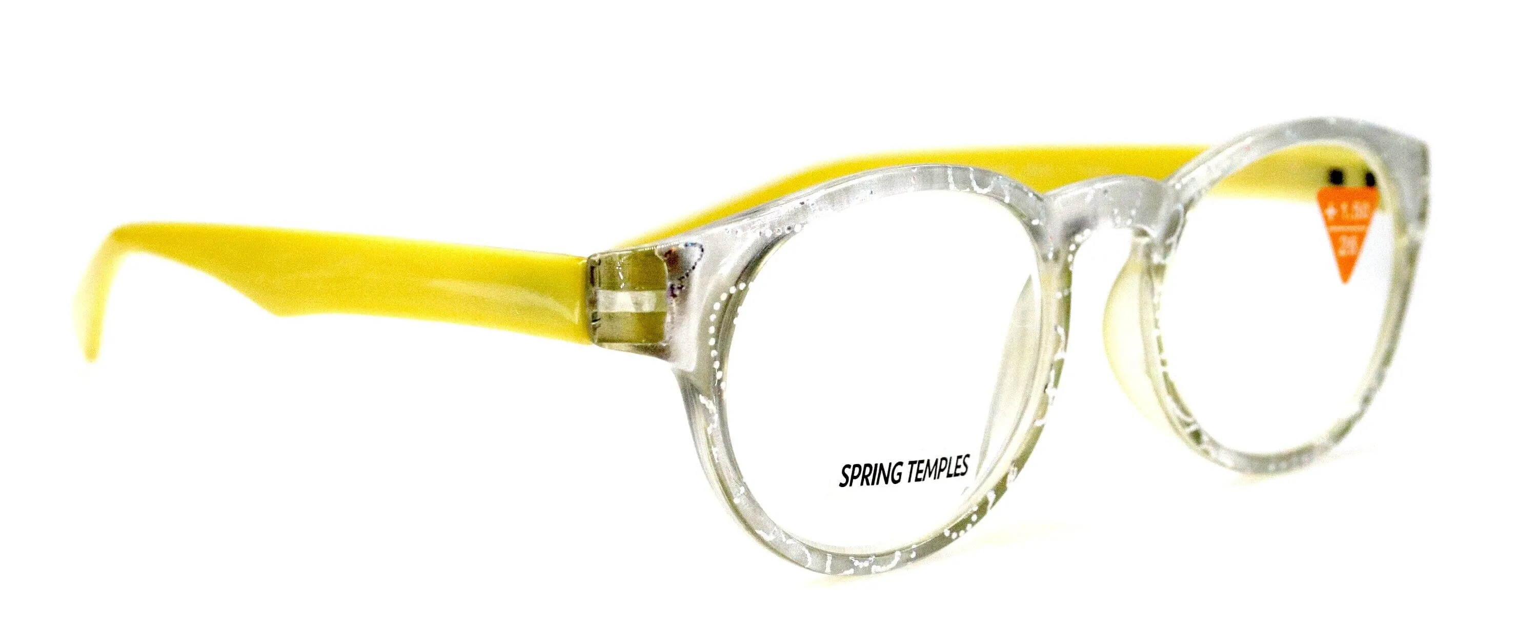 Grace, (Premium) Reading Glasses High End Readers  1.25 .. 3 Magnifying Glasses, Round Frame. (Metallic Silver, Yellow) NY Fifth Avenue.