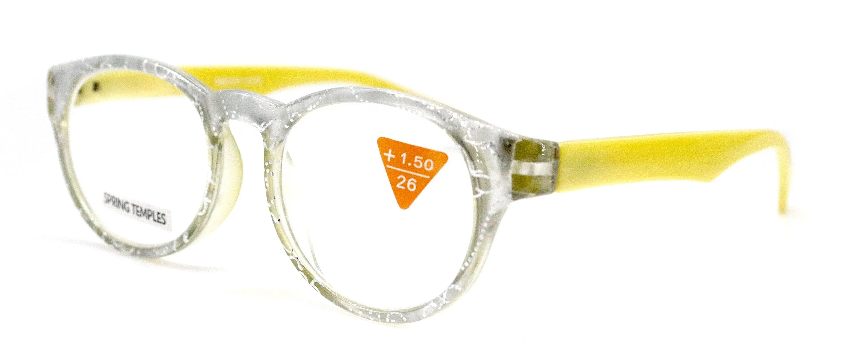 Grace, (Premium) Reading Glasses High End Readers  1.25 .. 3 Magnifying Glasses, Round Frame. (Metallic Silver, Yellow) NY Fifth Avenue.