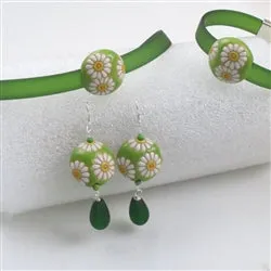 Green Ribbon Choker Bracelet Sun Flower Earrings Jewelry Set