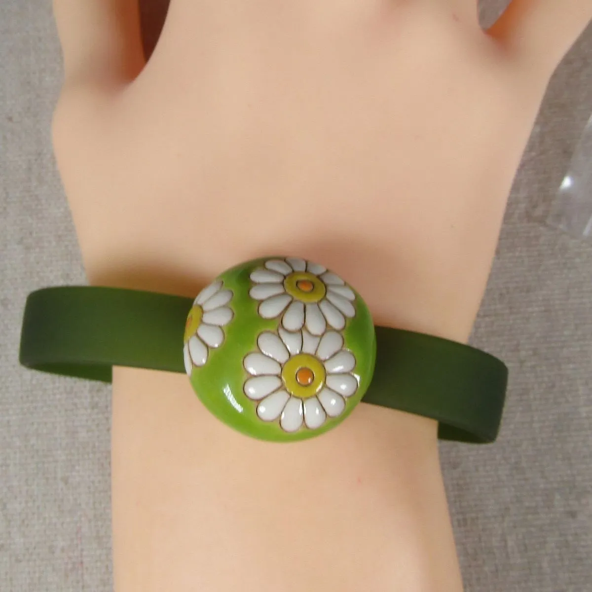 Green Ribbon Choker Bracelet Sun Flower Earrings Jewelry Set