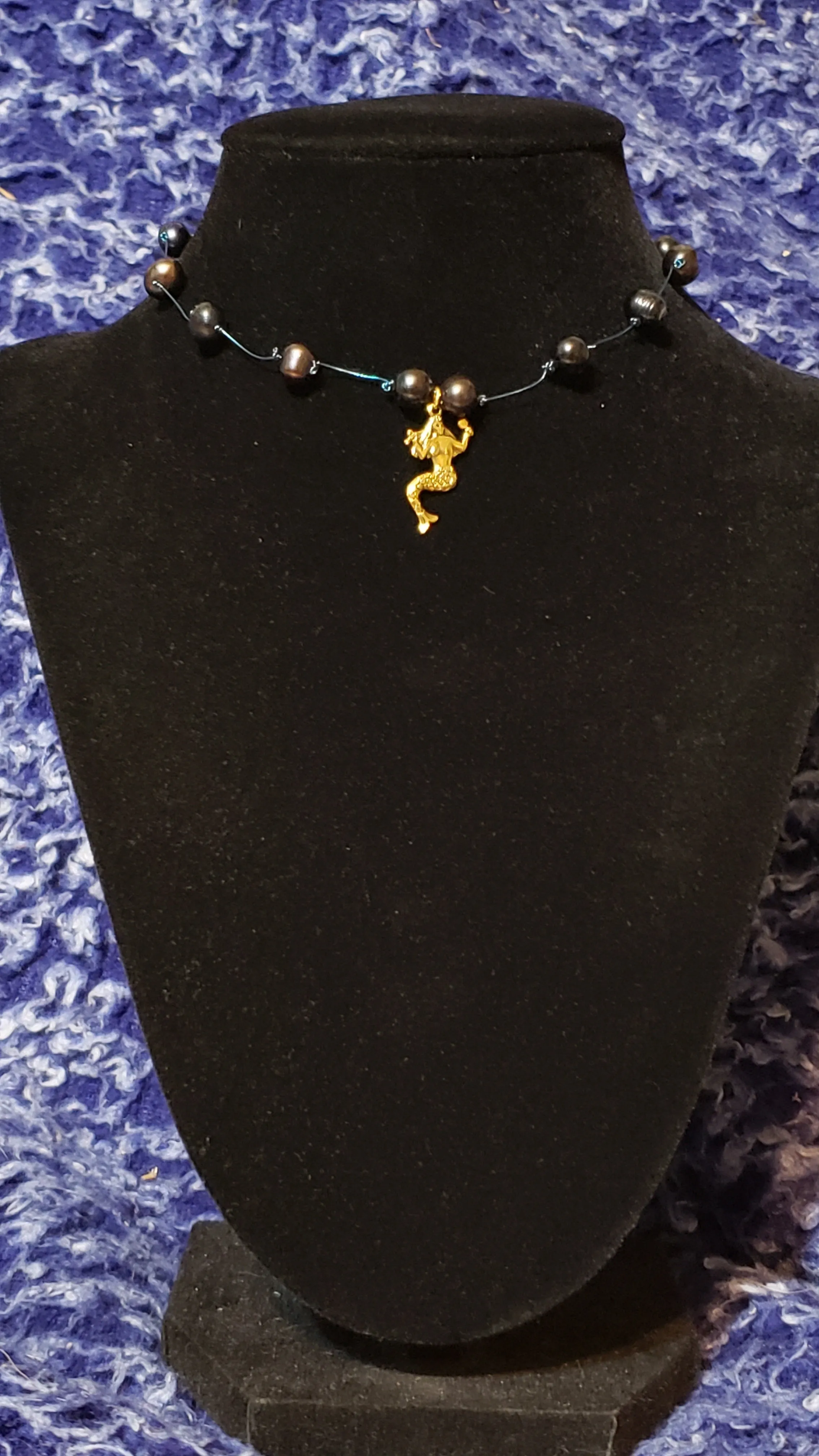 Hand Knotted Black Freshwater Pearl & Mermaid Choker Necklace. Adjustable, 13" Nylon Coated Stainless Steel with 2" Extender and Lobster Claw Clasp.