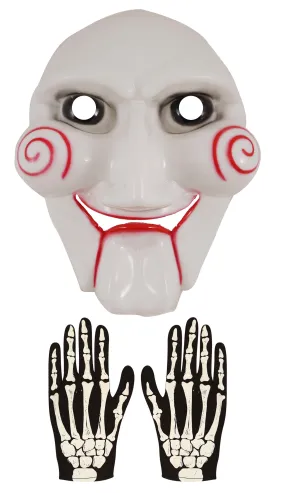 Horror Clown Costume Set: Puppet Scary Jigsaw Face Mask and Adults Skeleton Gloves