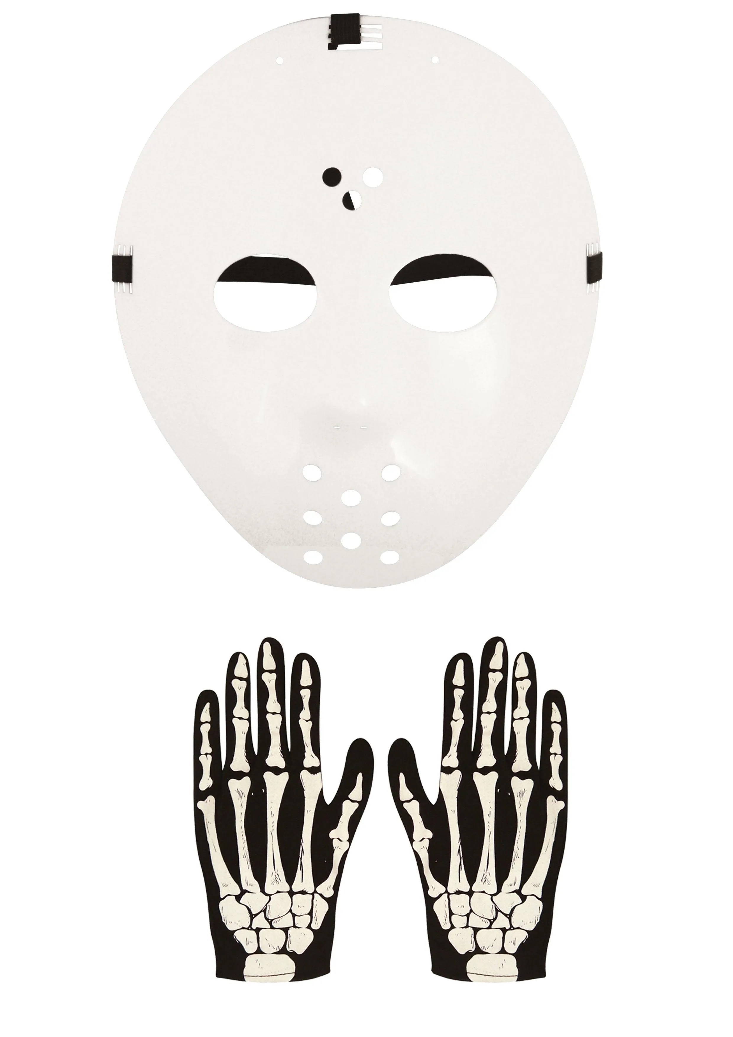 Horror Style Costume Set: Hockey Face Mask and White Plastic Adults Skeleton Gloves