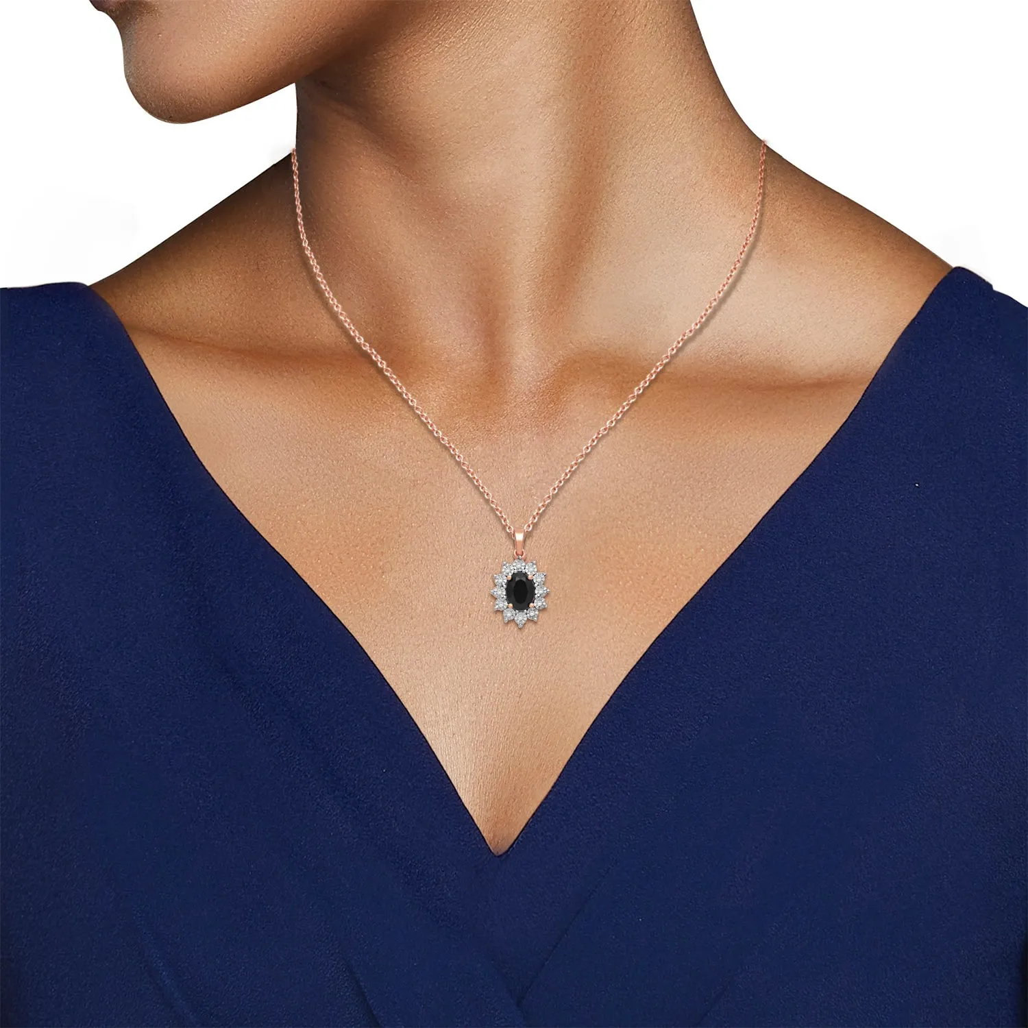 Jewelili 14K Rose Gold over Sterling Silver 7x5 MM Oval Created Black Sapphire and 1/20 Cttw Natural White Round Diamond Pendant Necklace