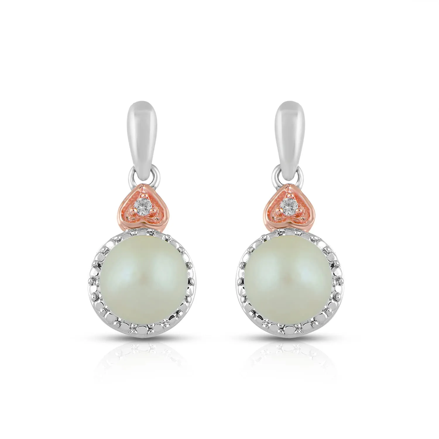 Jewelili Rose Gold over Sterling Silver With Pearl and Created White Sapphire Pendant Necklace Stud Earrings Jewelry Set