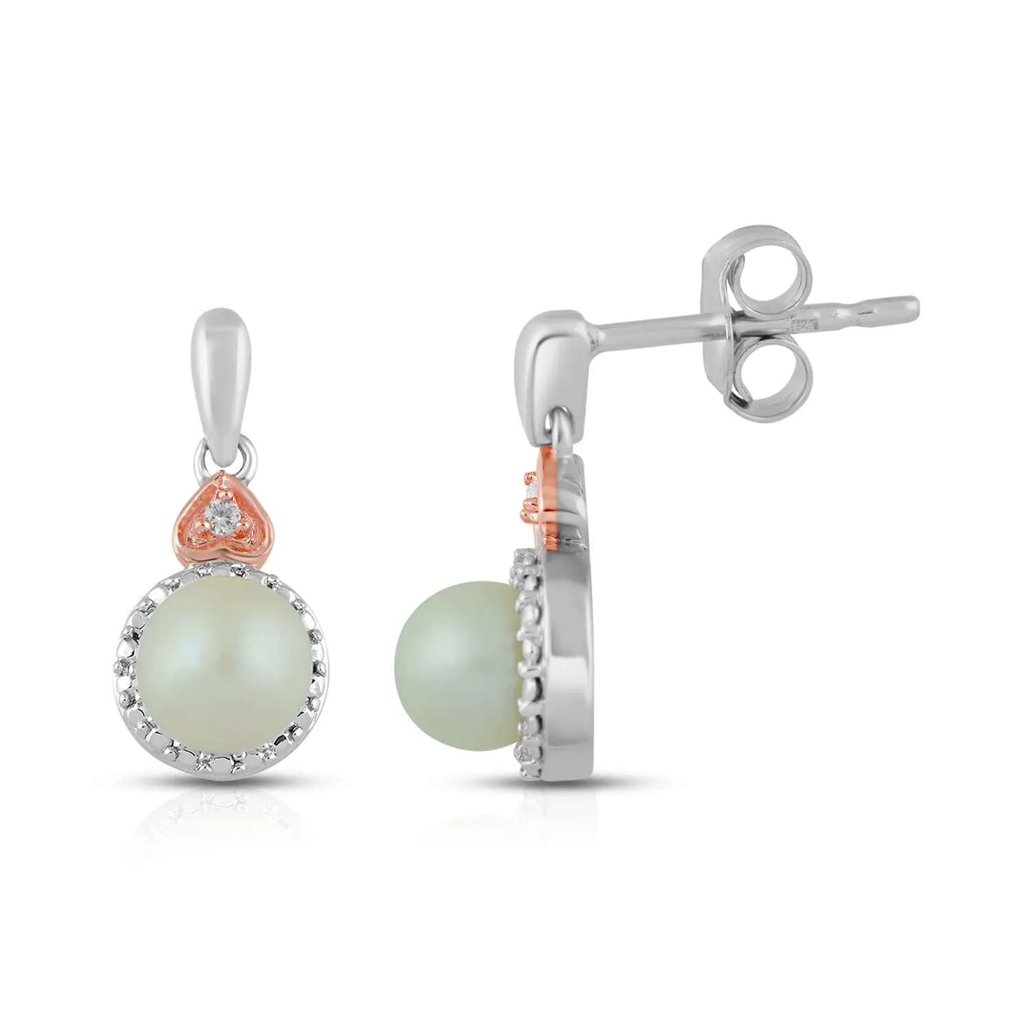 Jewelili Rose Gold over Sterling Silver With Pearl and Created White Sapphire Pendant Necklace Stud Earrings Jewelry Set