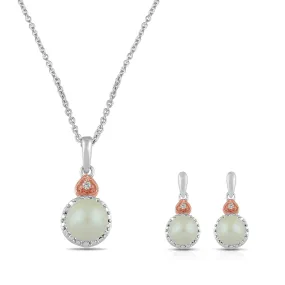 Jewelili Rose Gold over Sterling Silver With Pearl and Created White Sapphire Pendant Necklace Stud Earrings Jewelry Set