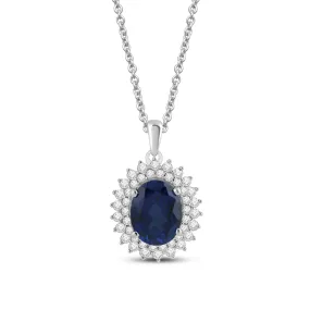 Jewelili Sterling Silver 10x8 MM Oval Created Blue Sapphire and Round Created White Sapphire Halo Pendant Necklace