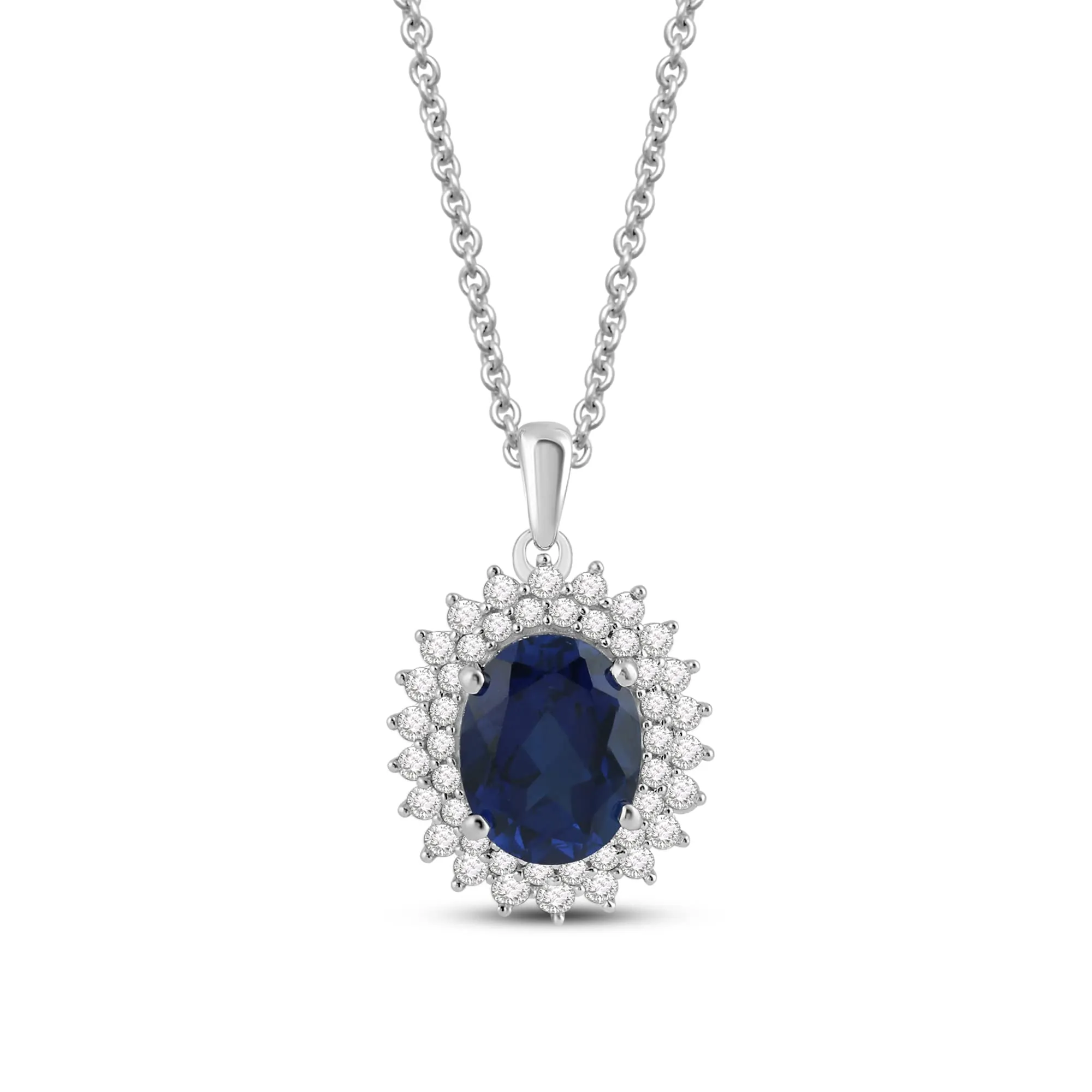 Jewelili Sterling Silver 10x8 MM Oval Created Blue Sapphire and Round Created White Sapphire Halo Pendant Necklace