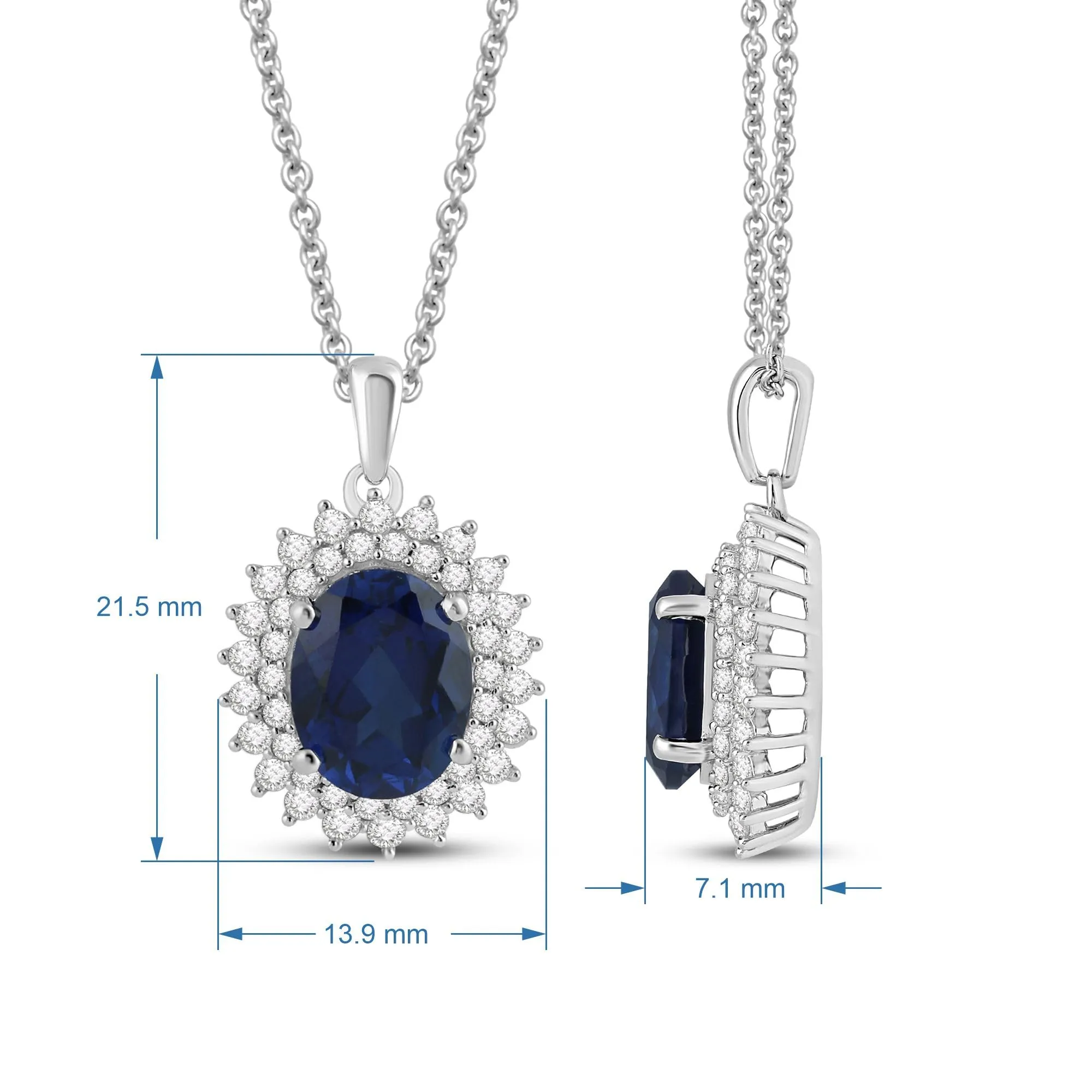 Jewelili Sterling Silver 10x8 MM Oval Created Blue Sapphire and Round Created White Sapphire Halo Pendant Necklace