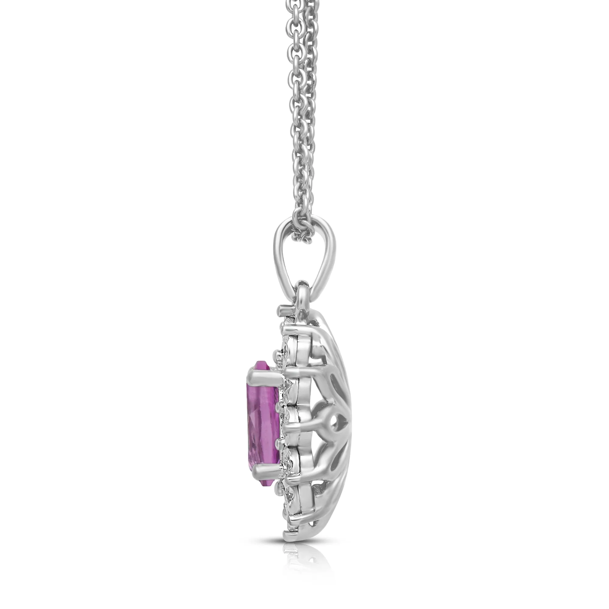 Jewelili Sterling Silver 7x5 MM Oval Created Pink Sapphire and 1/20 Cttw Natural White Round Diamond Pendant Necklace