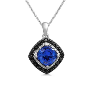 Jewelili Sterling Silver with Created Blue Sapphire and Treated Black and Natural White Round Diamonds Pendant Necklace