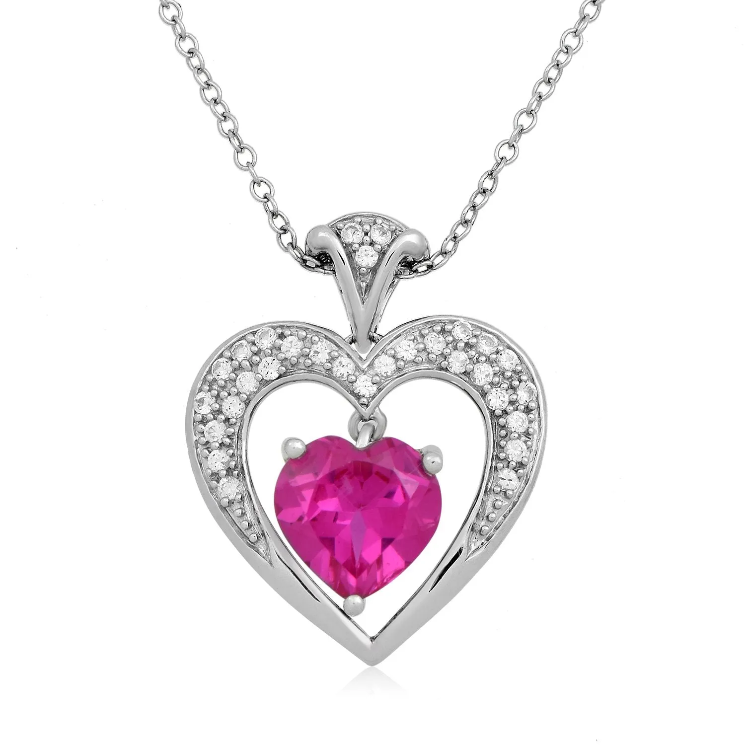 Jewelili Sterling Silver with Created Pink Sapphire and Created White Sapphire Heart Pendant Necklace