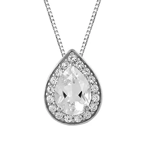 Jewelili Sterling Silver With Pear and Round Shape Created White Sapphire Halo Teardrop Pendant Necklace