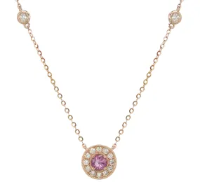 Ladies Diamond & Pink Sapphire Pendant Milgrain Detailed Necklace