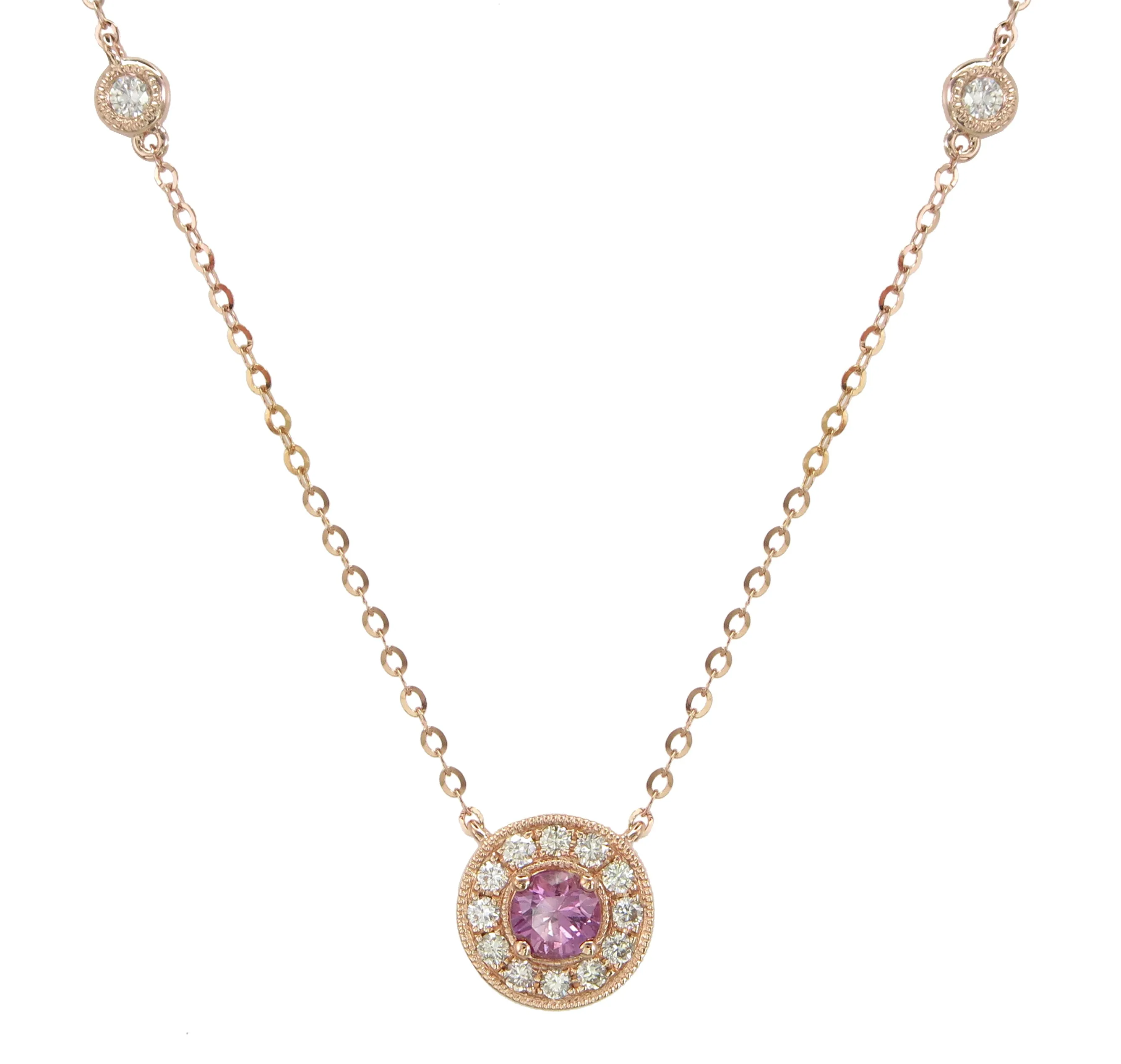 Ladies Diamond & Pink Sapphire Pendant Milgrain Detailed Necklace