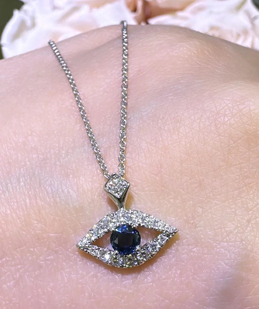 Ladies Diamond Evil Eye Necklace with Blue Sapphire