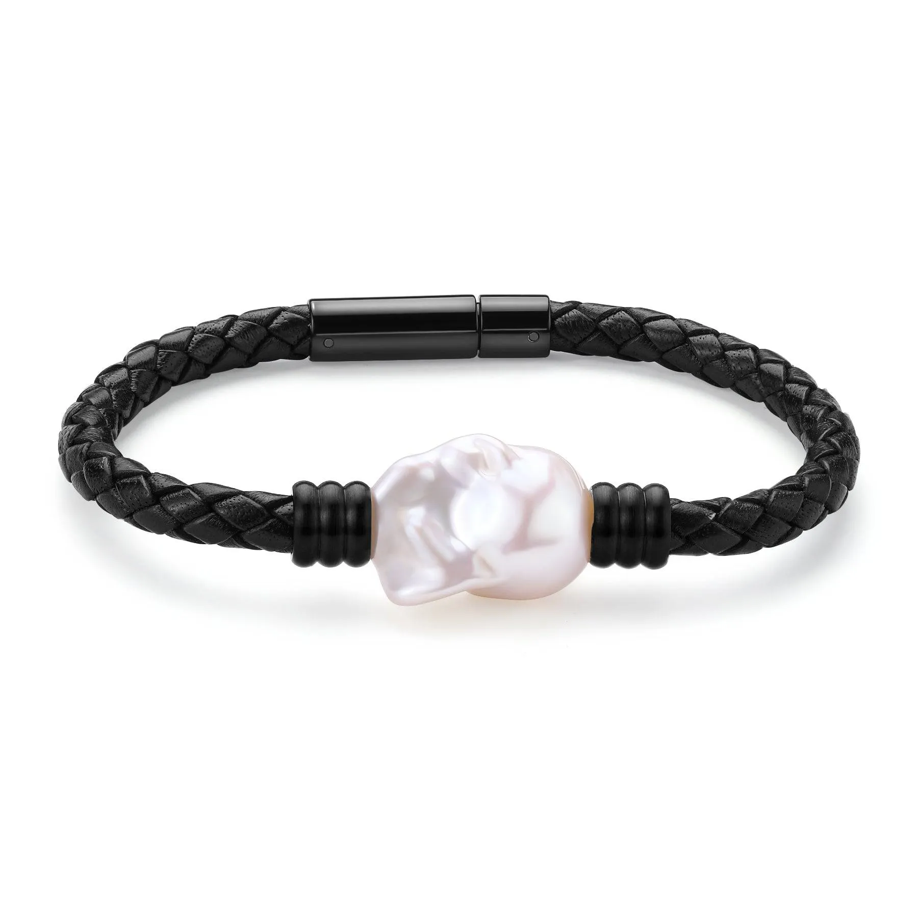 Large Baroque Pearl Leather Bracelet in Stainless Steel